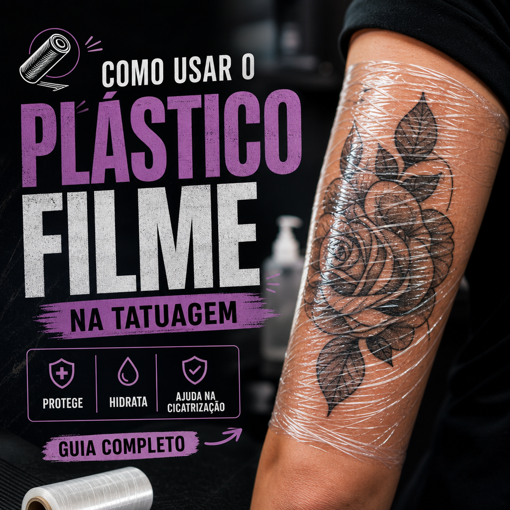 Tatuagem recém-feita coberta com plástico filme para proteger e ajudar na cicatrização