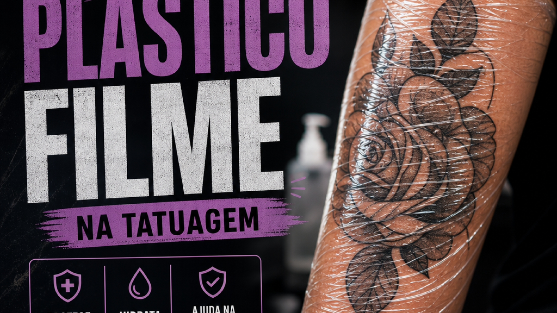 Tatuagem recém-feita coberta com plástico filme para proteger e ajudar na cicatrização